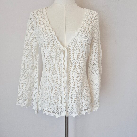 EXPRESS Handknit Crochet Ramie Cotton Boho Cardigan Cover-Up Long Sleeve White - Picture 3 of 11